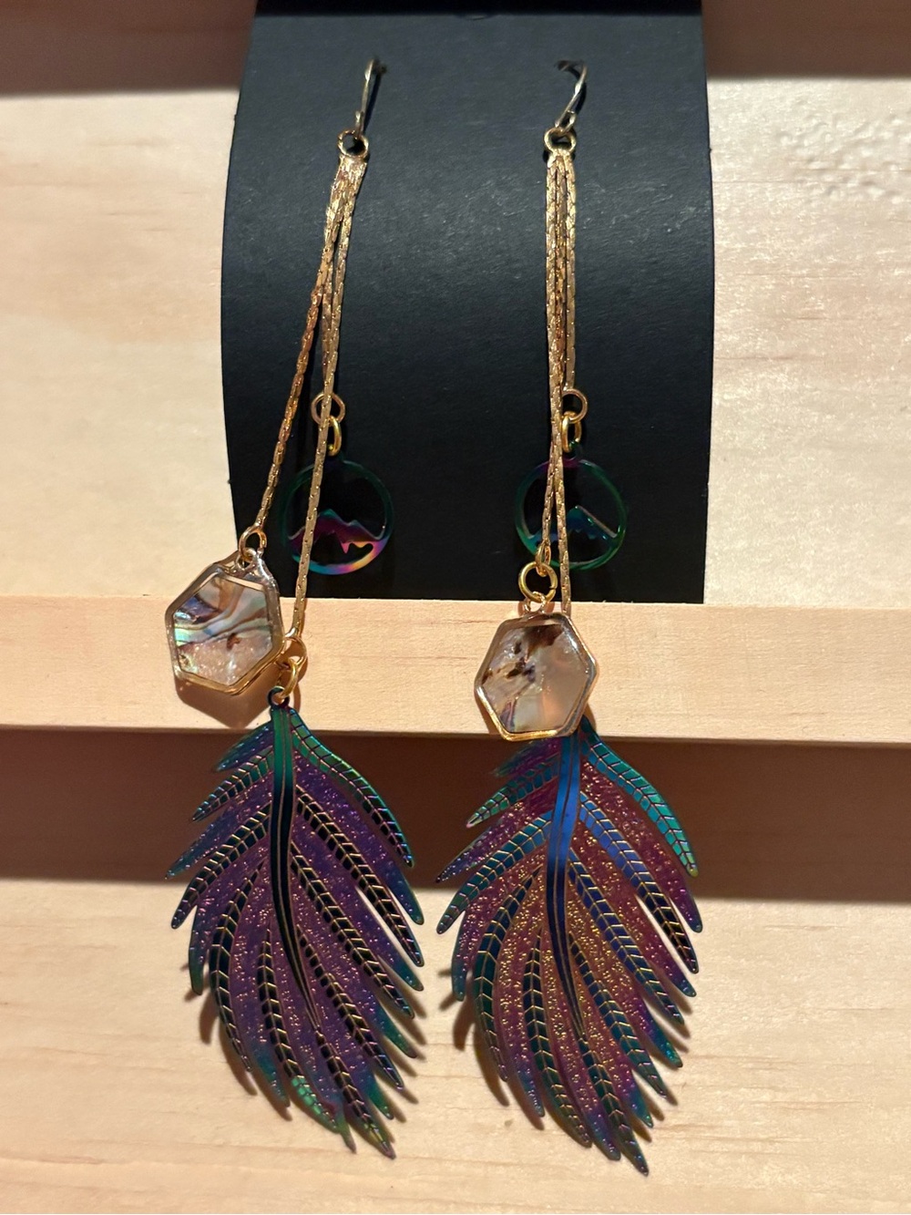 Gold-tone Iridescent Feather and mountain Drop Earrings
